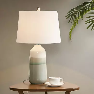 JOYYIE Table Lamp | Ombre Glaze Base | Stainless Steel Accent | Coastal Nautical Style | 24