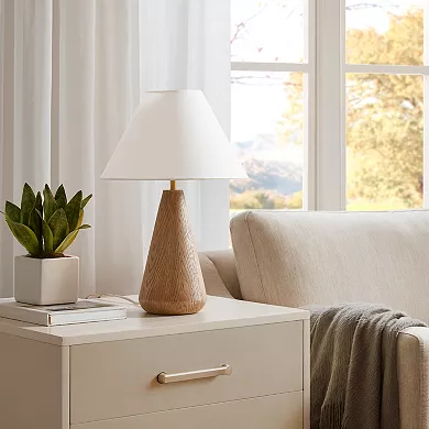 JOYYIE Modern Accent Table Lamp | Wood-Like Tapered Base | White Fabric Shade | 18