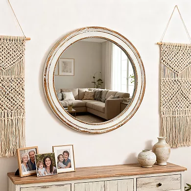 27.5 Inch Rustic Wooden Round Wall Mirror for Bathroom | Hand-Distressed Frame | Farmhouse Style | Easy Hanging Hardware Included$79.99Joyshop