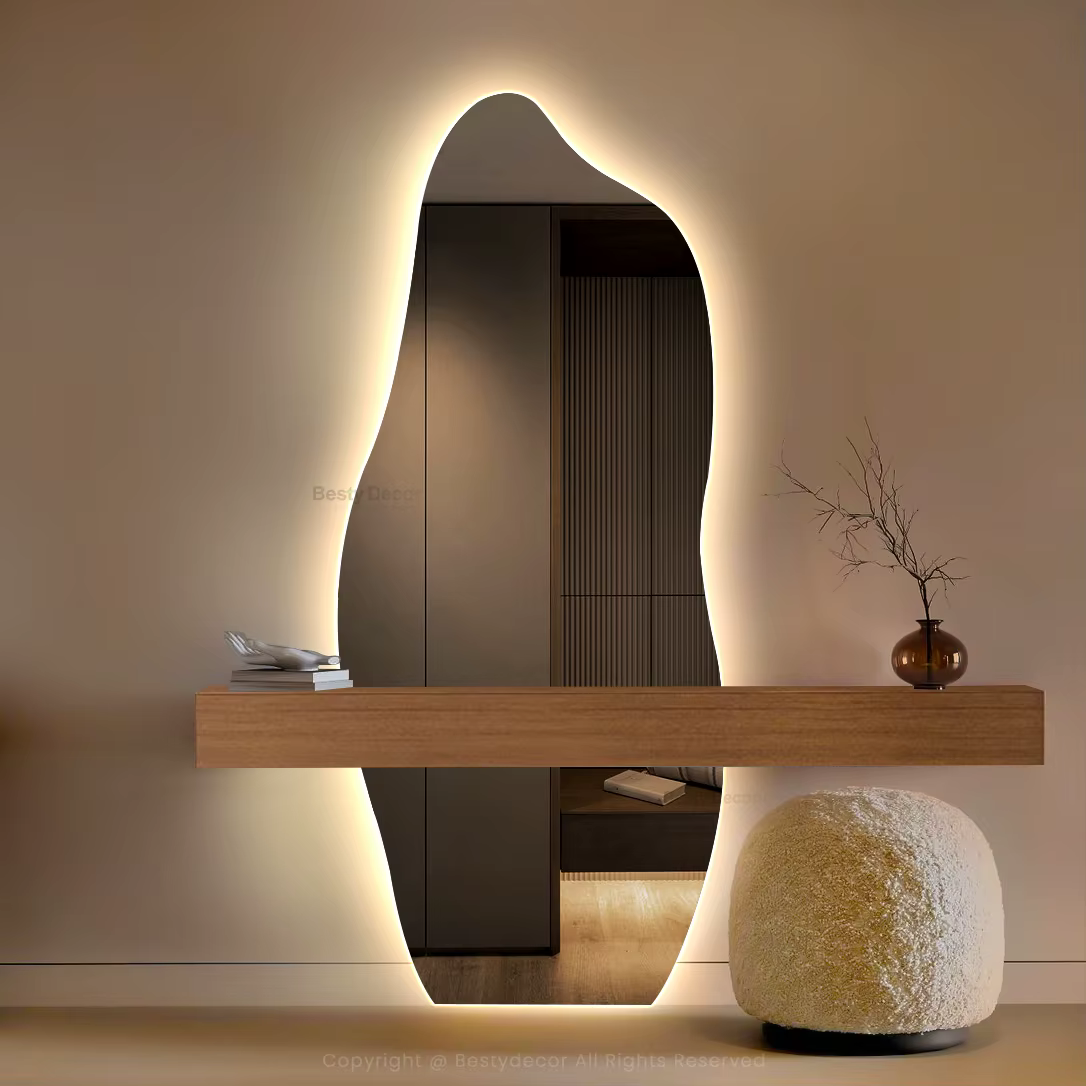 Modern Wall Decor Frameless Silver Mirror LED Body Dressing Room Mirror | Full Length Irregular Wavy Shape | Touch Switch | 6500K | IP44 Waterproof$59.98Joyshop