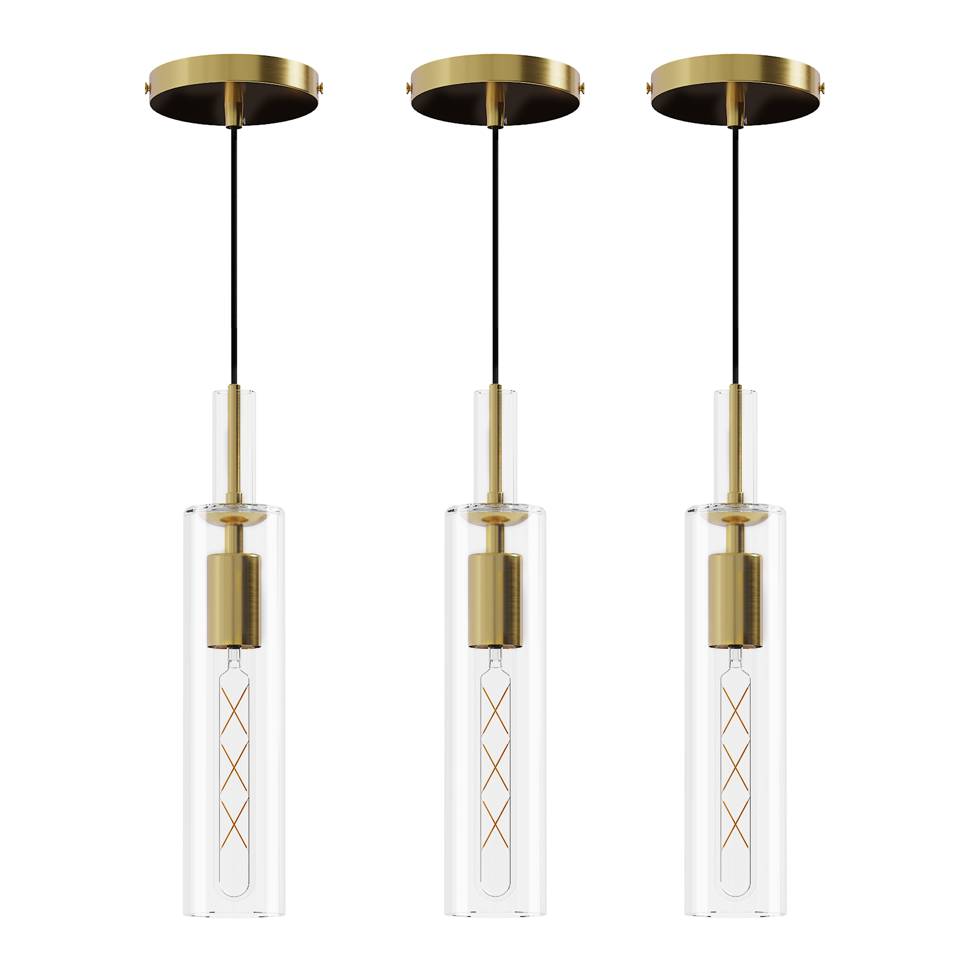 Gold Pendant Light Set – 3-Pack Modern Hanging Lights with Clear Striped Glass Shades | Adjustable 59